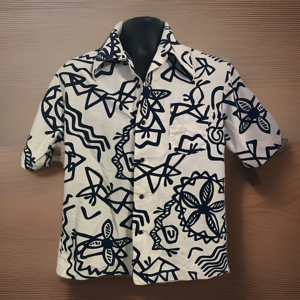 VTG 60s-70s Abstract Blue Floral Jantzen Kona Kai Hawaiian Shirt Button Up USA L